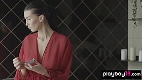 simone's heart races dropping her robe to reveal big natural tits in steamy romantic bath