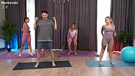 Fitness trainer rams two shaved clients cowgirl and doggy 💦🍆😈