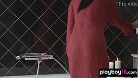 simone's heart races dropping her robe to reveal big natural tits in steamy romantic bath