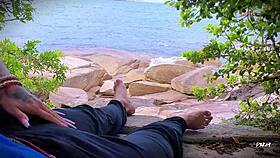 Horny guy jerks off to surprise beach ejaculation outdoors