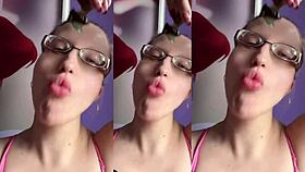 a tall girl with glasses chews food intensely in relaxing asmr session