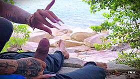 Horny guy jerks off to surprise beach ejaculation outdoors