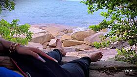Horny guy jerks off to surprise beach ejaculation outdoors