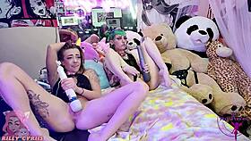 Riley Cyriis and slutty friend fuck dildos to orgasm in bed