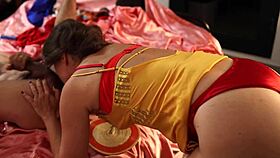 french amateur rims deepthroats pussy fucks in red satin bra panties stockings cumshot