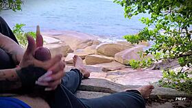 Horny guy jerks off to surprise beach ejaculation outdoors