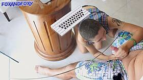 Homemade table suck fuck creampie facial orgy