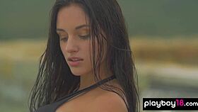 Petite Sasha Sultana slips off sexy bikini outdoors showing natural shaved body