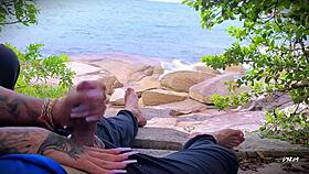 Horny guy jerks off to surprise beach ejaculation outdoors