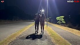 Curvy beauty flashes big cock outdoors in steamy public romp