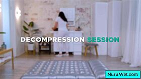 sexy brunette masseuse sophia burns strips for wet nuru massage on michael vegas