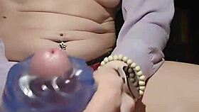 milf jerks husband's cock then rides huge dildo in crotchless panties