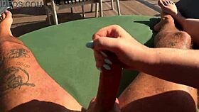 hot babe delivers fast sloppy handjob on ocean-view terrace balcony