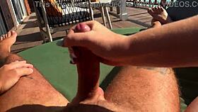 hot babe delivers fast sloppy handjob on ocean-view terrace balcony