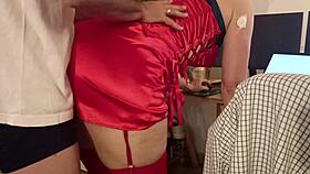 Wife leaves so horny neighbor in lingerie corset stockings panties gets face fucked rimjob riding submissive ass shaking