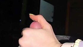 milf jerks husband's cock then rides huge dildo in crotchless panties