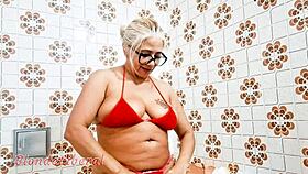blonde milf shoves dildo in pussy bathroom pissing solo