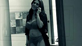 Raylene's lingerie clings to her busty latina curves before cum facial blast