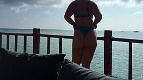 hot babe delivers fast sloppy handjob on ocean-view terrace balcony