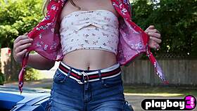 a petite brunette milf sensually strips outdoors revealing her natural curves