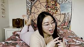 super cute chinese babe spreads shaved pussy for vibrator play 😍