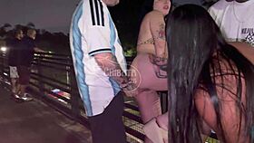 Pounding Monica Lima and Lalla Potira publicly on the bridge with 25cm monster cock as crowd watches