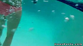 Two perky titted babes hardcore fucked poolside