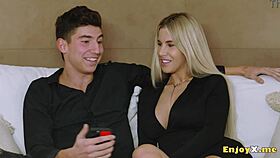 naughty housewife sucks visitor's cock in kitchen then rides him doggystyle till cumshot