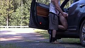 Fucked a fellow traveler bent over car hood big ass doggystyle public road