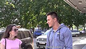 adventurous brunette picks up strangers for wild outdoor 3some blowjob and facial