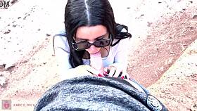 couple's skinny teen gives deep glasses blowjob in scenic canyon