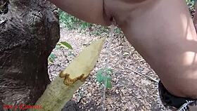 perverted mature bbw slut squirts wildly impaled on wooden stake deep in forest