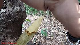 perverted mature bbw slut squirts wildly impaled on wooden stake deep in forest