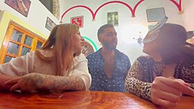 horny guy seduces busty latinas at bar for public creampie threesome missionary pounding