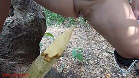 perverted mature bbw slut squirts wildly impaled on wooden stake deep in forest