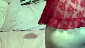 girl fingers wet pussy in red negligee to squirt orgasm