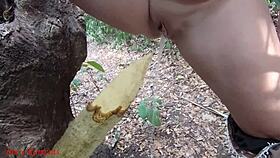 perverted mature bbw slut squirts wildly impaled on wooden stake deep in forest