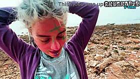 petite goth punk gives sloppy public deepthroat blowjob swallows huge facial cumshot