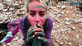 petite goth punk gives sloppy public deepthroat blowjob swallows huge facial cumshot