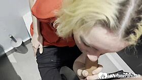 Blonde teacher in stockings drops to knees for sloppy blowjob then bends for office doggystyle fuck