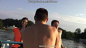 three guys pick up tattooed girl for boat fun