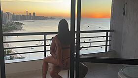 She rides his throbbing cock cowgirl style until explosive orgasm at sunset