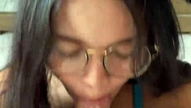nerdy brunette with big natural tits gives deep blowjob to wellington prado in jeans shorts