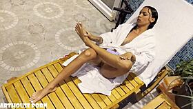 petite latina's oily footjob in sauna leaves toes dripping cum