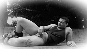 Muscular kickboxer rips pants for hot masturbation tease?