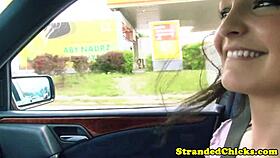 naughty hitchhiking brunette flashes perky tits for ride?