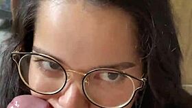 nerdy brunette with big natural tits gives deep blowjob to wellington prado in jeans shorts