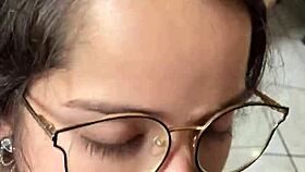 nerdy brunette with big natural tits gives deep blowjob to wellington prado in jeans shorts