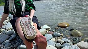 😘 goddess teases her cute nylon soles and toes riverside in tan pantyhose! 👣