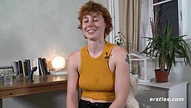 This hairy german redhead babe fingers her wet pussy with dildo on cam so tasty